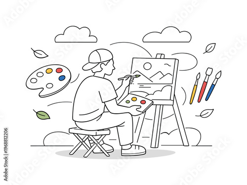 Outdoor painting practice. Artist seated on stool painting landscape, palette and brushes floating nearby,