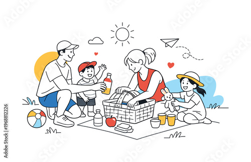 Park weekend gathering. Parents and children unpacking a picnic basket, dynamic gestures and playful