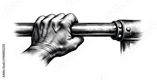 A human hand holding onto a ferris wheel cabin bar, focusing on grip and metal texture, rendered in high