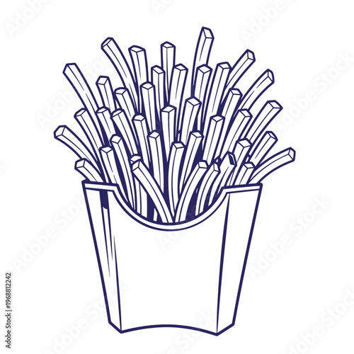 Line of a cardboard container filled with a large portion of crispy potato french fries isolated on a white background