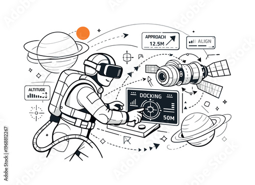 VR-based space mission simulation. Astronaut practicing docking and navigation in a virtual space environment,