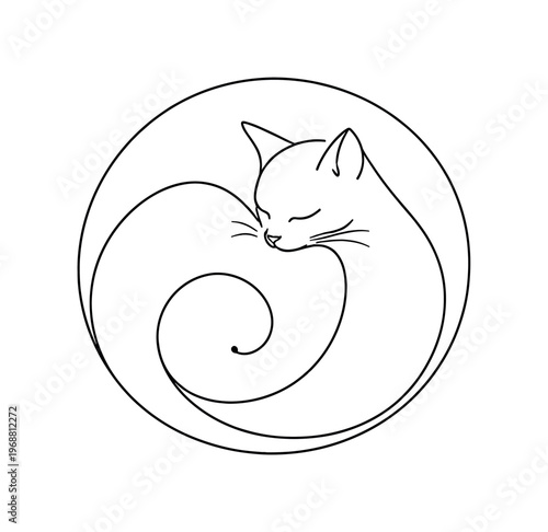 Elegant Cat Spiral. Minimalistic one-line drawing graceful cat curled into a near-perfect circular form with
