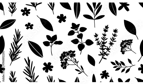 Minimal Botanical Pattern Herbs Leaves Flowers Seamless Vector Background