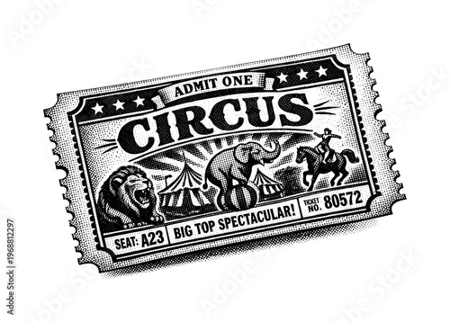 A classic circus ticket with perforated edges and stamped details, shown at a slight angle, depicted in black