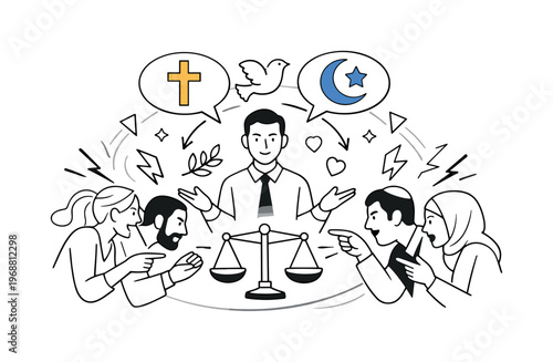 Faith Symbols Dialogue. Religion in conflict resolution. Two groups facing tension with a mediator at the