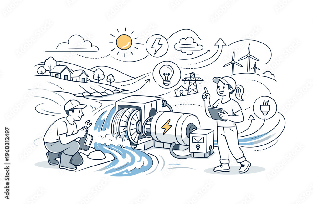 Fototapeta premium Small-scale hydro power setup. Compact turbine connected to a generator beside a rural stream, quiet