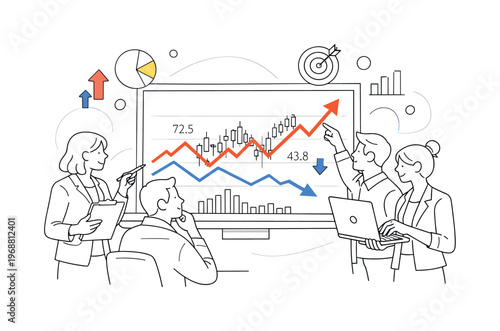 People analyzing financial charts and graphs. Team gathered around large screen with rising and falling graphs