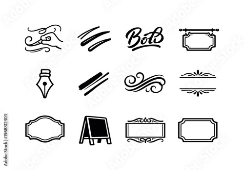 Iconic Calligraphy Designs. Calligraphy for signs. Line outline icon set of Calligraphy for signs: hand