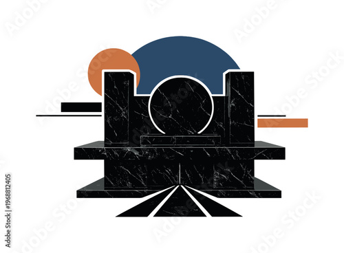 Black marble altar portrayed as a solemn ceremonial object, black and white vintage photographic altar carved