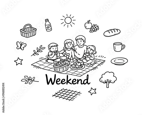 Weekend family picnic. Hand-drawn doodle illustration of weekend family picnic. In the middle, one slightly