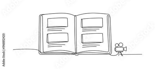 Film director’s notebook. Minimalistic one-line drawing open notebook with storyboard frames and a small