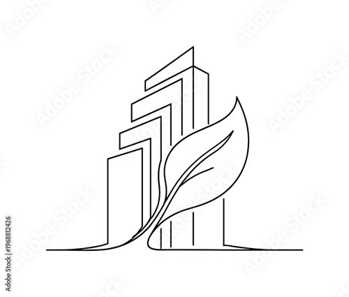 Green building certifications. Minimalistic one-line drawing modern building with leaf integrated into its