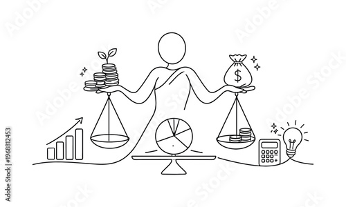 Digital Wealth Assistant. Minimalistic one-line drawing abstract assistant figure organizing financial