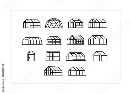 Greenhouse structures. Line outline icon set of Greenhouse structures: classic greenhouse, dome greenhouse,