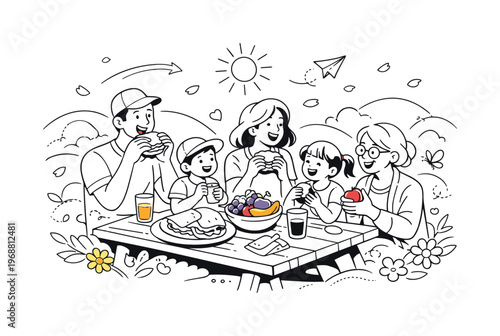 Family Lunch Outdoors. A cheerful family sitting at a picnic table in a blooming spring meadow, sharing