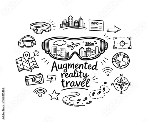 Augmented reality travel. Hand-drawn doodle illustration of Augmented reality travel. In the middle, one