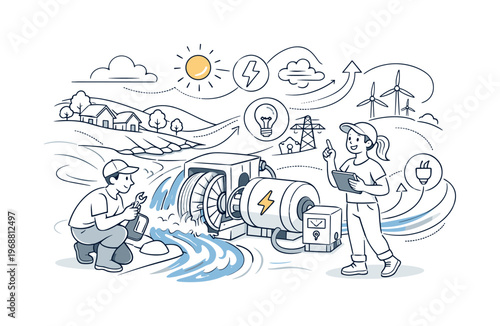 Small-scale hydro power setup. Compact turbine connected to a generator beside a rural stream, quiet