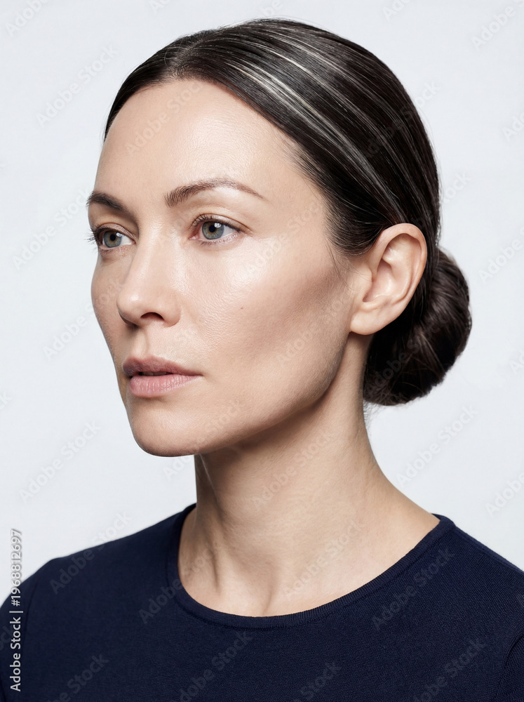 Fototapeta premium Studio portrait of an elegant woman with a serene expression, shot against a clean white background. Impeccable lighting reveals the subtle textures of her skin and navy wool garment.
