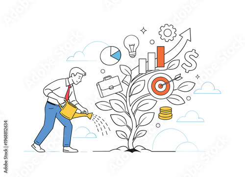 Growing a small company. Entrepreneur watering small plant that turns into business symbols, leaves and charts