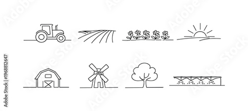FARMLAND TRACTOR BLOOMING FIELDS. Minimalistic set one-line drawing tractor, plowed field rows, blooming
