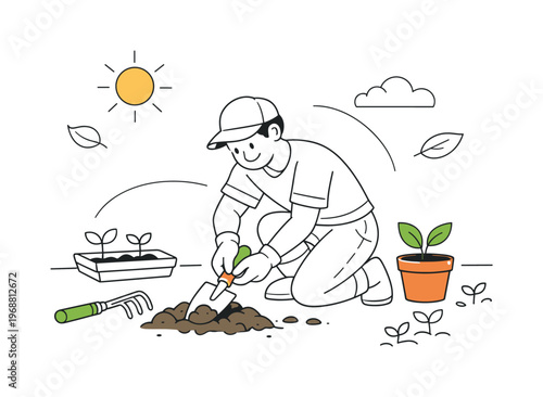 Gardening with hand tools. A person digging soil with a small shovel, hand rake nearby, plants and seedlings