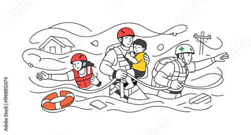 Flood Rescue Mission. Disaster relief operations. Rescue workers navigating flooded area, water waves and