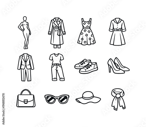 Spring Fashion Sketches. fashion sketches spring outfits outline. Line outline icon set of fashion sketches