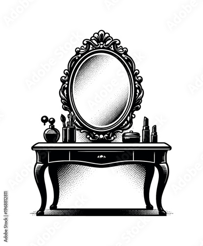 Symbolic composition of a simplified vanity table silhouette with a decorative mirror frame outlined and small