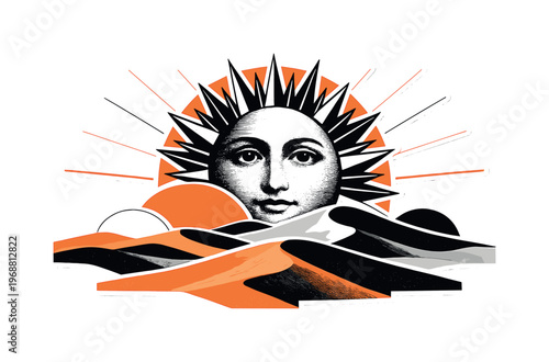 retro black and white sun with a human face rising above a surreal desert landscape, layered sand dunes with