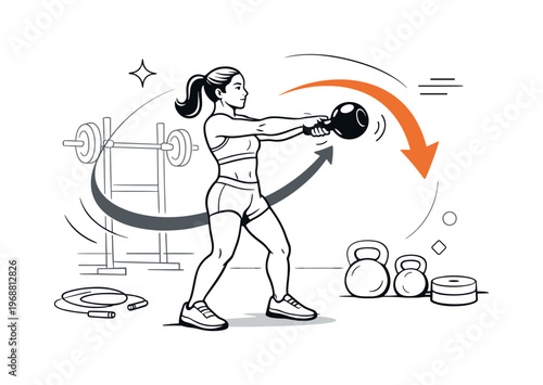 Kettlebell strength workout. Woman performing a kettlebell swing, motion arc emphasized with curves and arrows