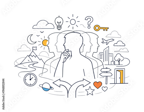 Multiple realities awareness. Human silhouette overlapping with several transparent versions, symbols and