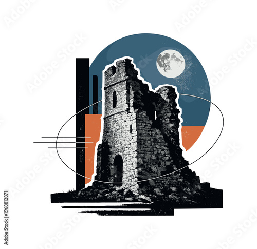 Moonlit ruined tower portrayed as a solitary architectural relic, black and white retro photographic stone
