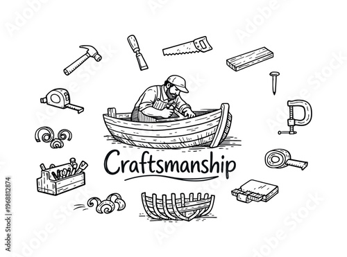 Wooden boat craftsmanship. Hand-drawn doodle illustration of wooden boat craftsmanship. In the middle, one