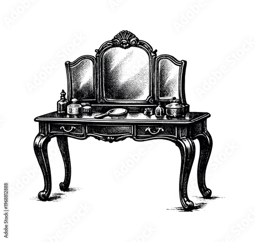 A side view of a Victorian vanity table with gently curved legs, edges slightly cropped by the frame, black