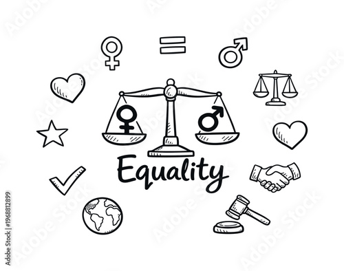 Gender equality. Hand-drawn doodle illustration of gender equality. In the middle, one slightly larger central