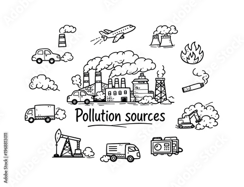 Air Pollution Doodles. Sources of air pollution. Hand-drawn doodle illustration of sources of air pollution.