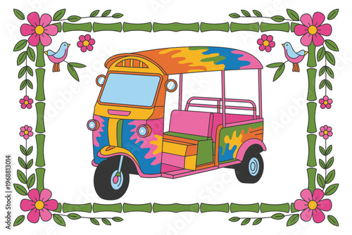Colorful Auto Rickshaw Illustration with Pink Flowers and Bird