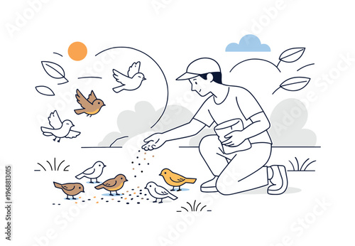 Feeding birds in the yard. A person scattering seeds on the ground, small birds gathering and fluttering