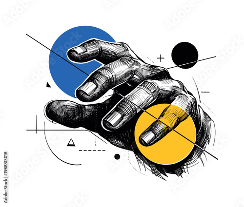 Surreal interpretation of a black ink hand study with exaggerated scale, black and white ink-illustrated hand