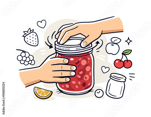 DIY food preservation. Hands twisting lid onto glass jar filled with preserves, small fruit icons and motion