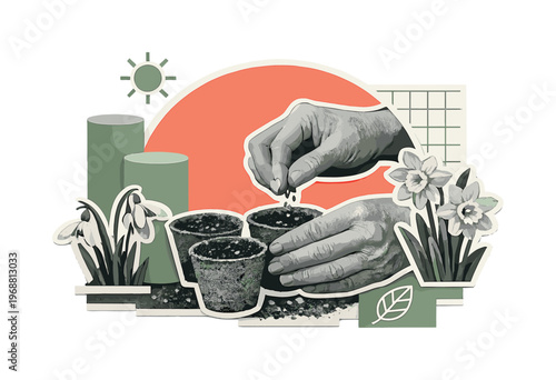 Contemporary modern-retro collage featuring a black and white close-up of hands carefully placing seeds into
