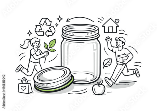 Reusable mason jar lid. Lid placed beside a glass jar, hint of eco-friendly storage and reuse. Small leaf