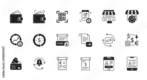 Digital Banking and Mobile Payment Glyph Icon Set for Fintech Design

