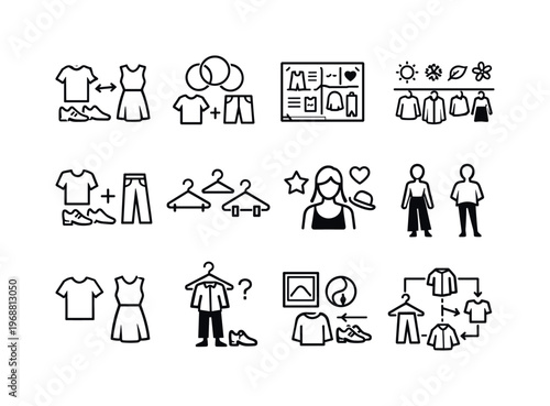 Wardrobe styling. Line outline icon set of Wardrobe styling: outfit matching, coordinated colors, style