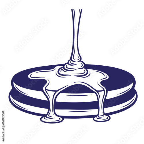 Two stacked round pancakes with thick syrup pouring from above in a simple dark blue and white line style isolated on a white background