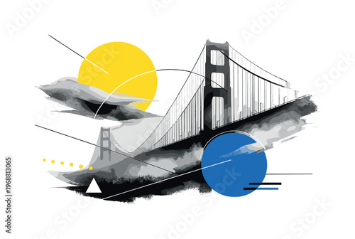 Surreal interpretation of a foggy bridge silhouette with exaggerated scale, black and white bridge shadow