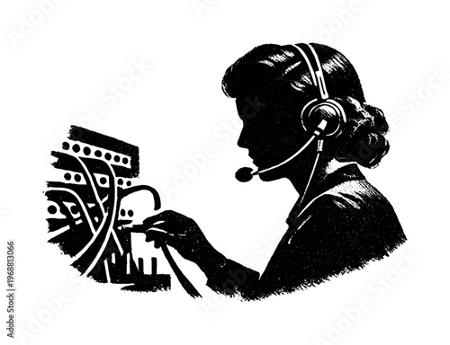 Noir Switchboard Silhouette. Side-profile of a vintage switchboard operator wearing a headset, face obscured