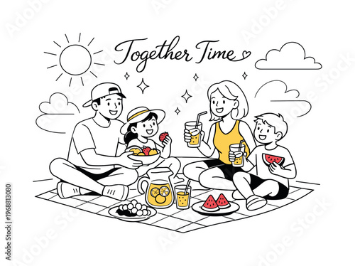 Joyful Family Picnic. Sunny family picnic day. A happy family sitting together on a picnic blanket, sharing