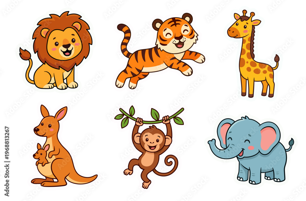 Obraz premium Jungle animals cartoon characters illustrations set. Kawaii wild animals vector clipart