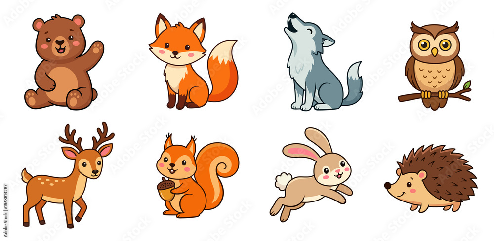 Naklejka premium Forest animals cartoon characters illustrations set. Kawaii wild animals clipart